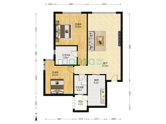 富力爱丁堡国际公寓 2室1厅2卫 129平方