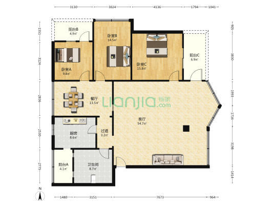 南坛北路 3室2厅1卫 145平方