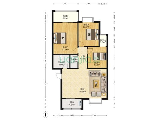 信德园小区 3室1厅2卫 112平方