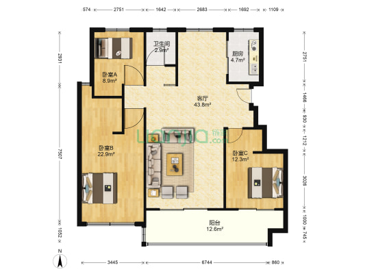 金色湖畔 3室1厅1卫 119平方