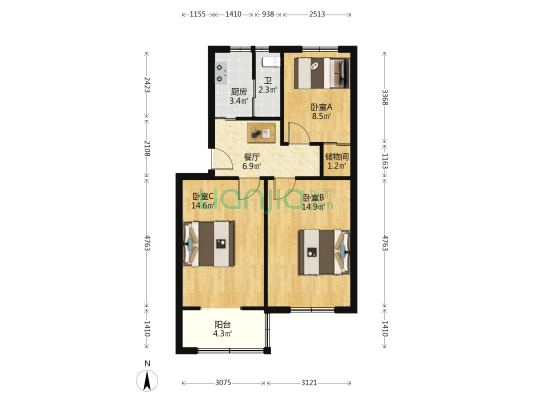 曙光路17号 3室1厅1卫 70平方