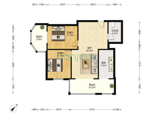 中山国际 2室1厅1卫 114平方