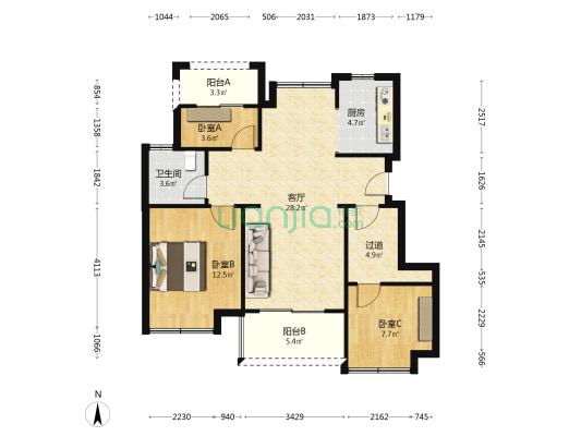 弘阳时光山湖 3室1厅1卫 87平方