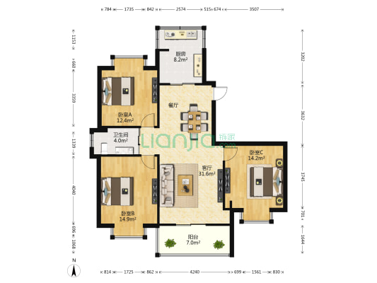 天奥经纬府邸 3室1厅1卫 122平方