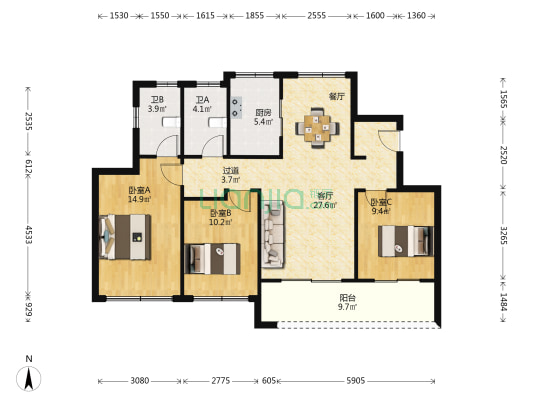 鸣柳苑 3室1厅2卫 116平方
