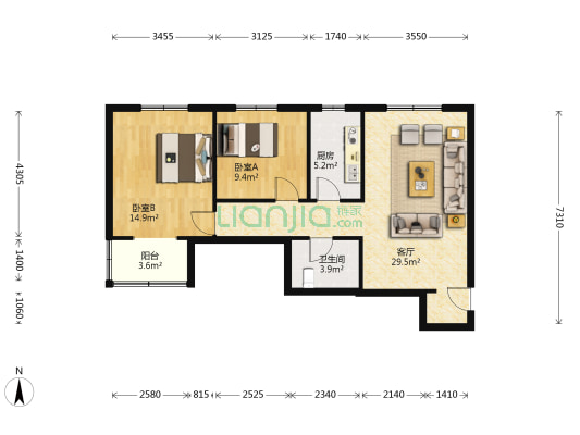 太铁北河湾小区 2室1厅1卫 87平方