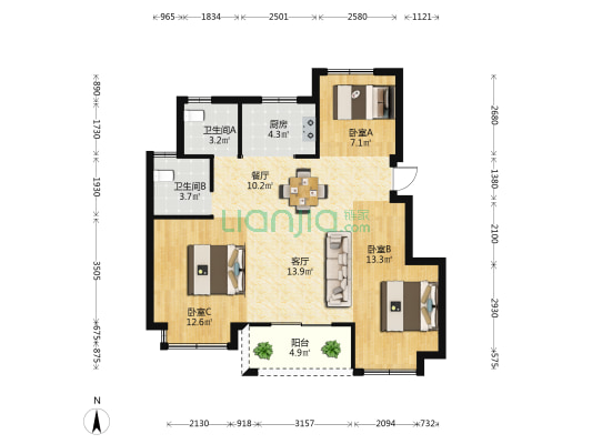 朗诗绿洲璟院 3室2厅2卫 88平方