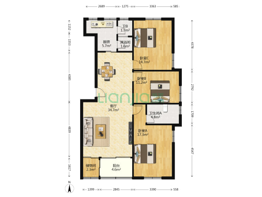 豪景新村 3室1厅3卫 104平方