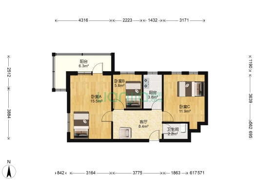 东大桥路 3室1厅1卫 70平方