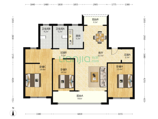 蓝天澜湖小镇 3室1厅2卫 132平方