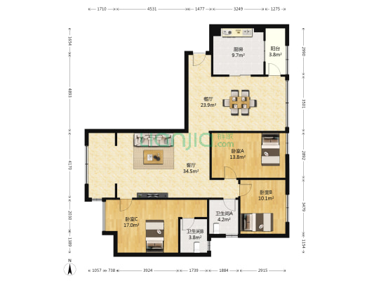 中海城南华府 3室2厅2卫 134平方
