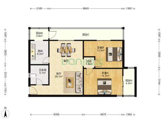 长乐大厦(普陀) 2室1厅1卫 95平方