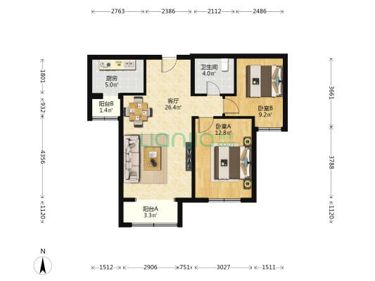 龙冠冠华苑海棠园 2室1厅1卫 89平方
