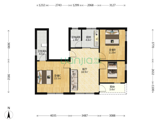 朱围大街 3室1厅2卫 77平方
