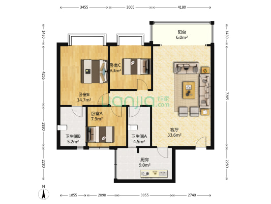 朝阳名宅 3室1厅2卫 120平方