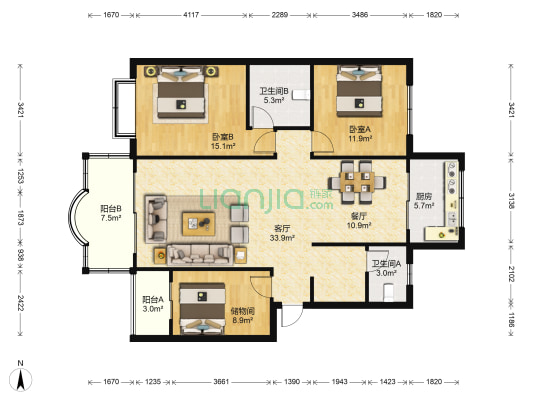 鸣翠园 2室2厅2卫 118平方