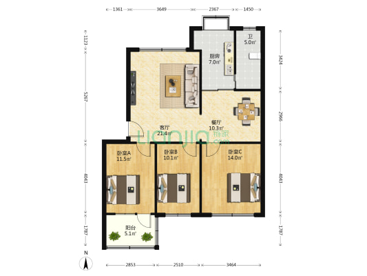 省电力设计院宿舍 3室2厅1卫 103平方
