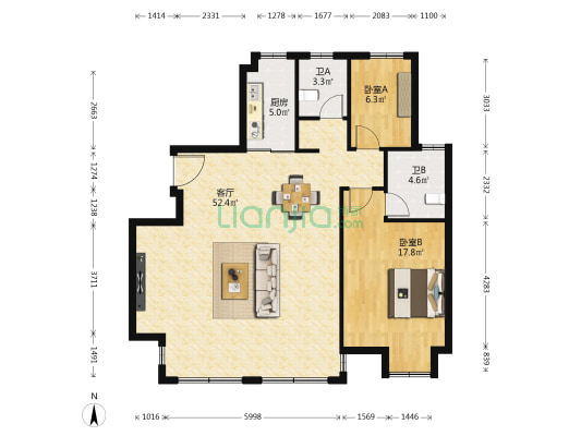 新悦花苑 2室1厅2卫 140平方
