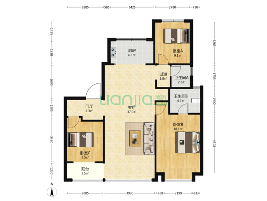 观林府 3室1厅2卫 137平方