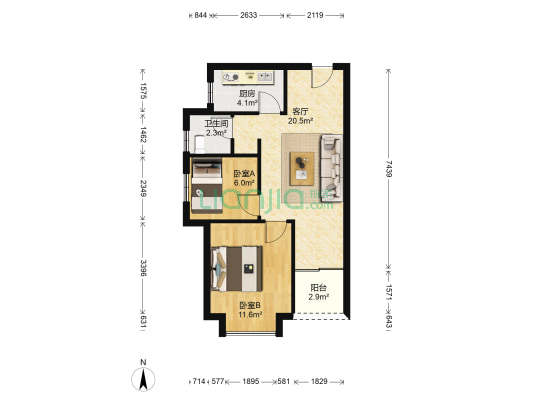 美联时光里二期 2室1厅1卫 60平方
