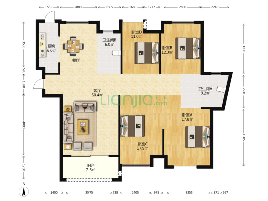 皇庭名郡 4室1厅2卫 165平方