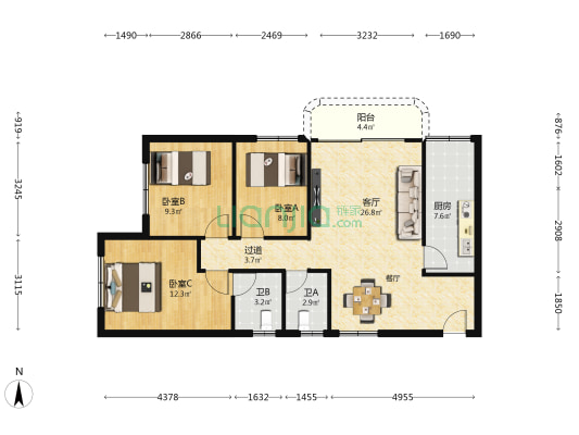 银星花园 3室1厅2卫 93平方