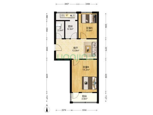 山东科技大学教工宿舍东院 2室1厅1卫 61平方
