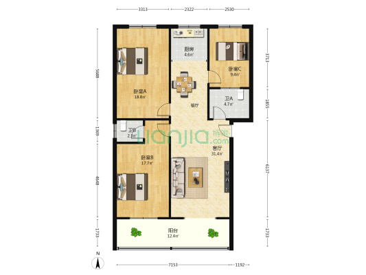鸿都翡翠嘉园 3室1厅2卫 124平方