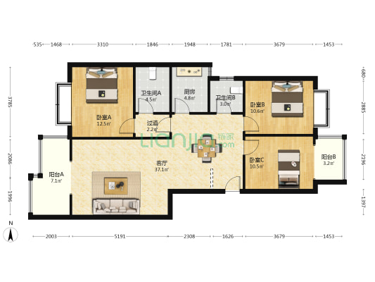 南苑中央广场 3室1厅2卫 120平方