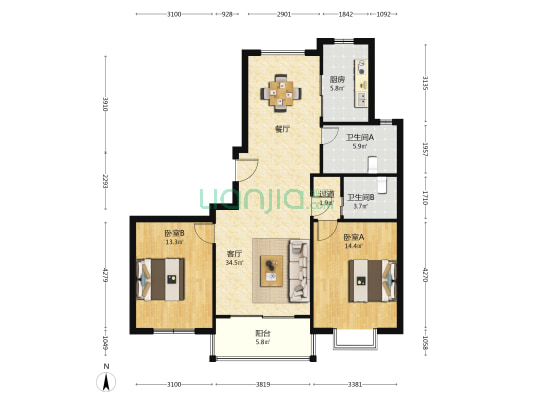 柳明公寓 2室1厅2卫 109平方
