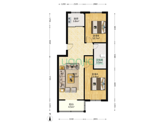 银都花园 2室1厅1卫 91平方