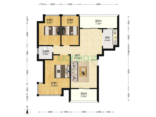 晨曦大地花园二期 3室1厅1卫 94平方