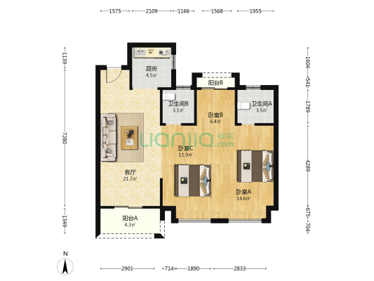新隆风华鸣翠 3室1厅2卫 86平方