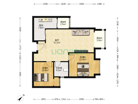 翠湖精装两房，全新未住过，朝中庭看江景-户型图