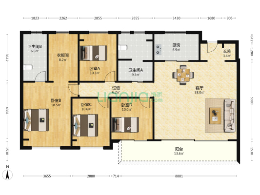 敔山公元 4室1厅2卫 164平方
