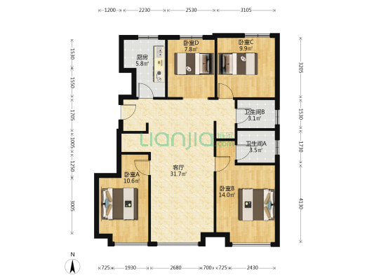 本房是经典的四叶草户型，南北三通透，双明卫，好楼层-户型图