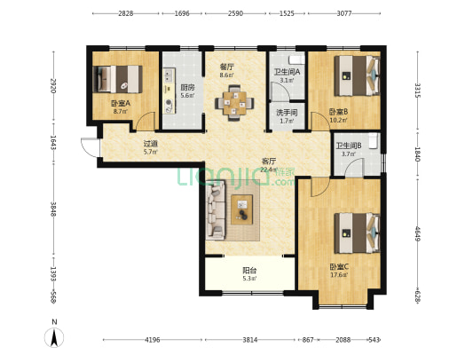 东天池小区 3室2厅3卫 133平方
