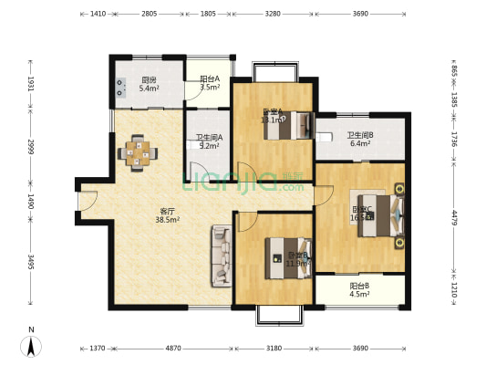 明日星城城欣园 3室1厅2卫 130平方