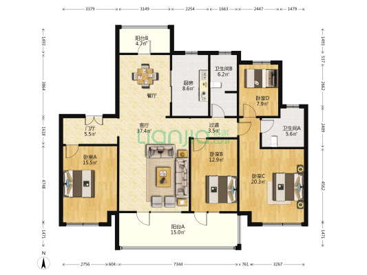 波尔多小镇 4室1厅2卫 170平方