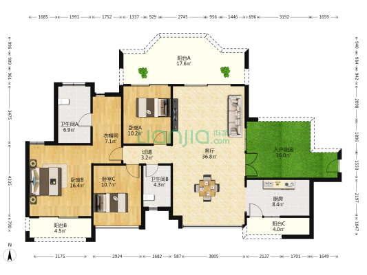 观澜湖·中央公园区 3室1厅2卫 151平方