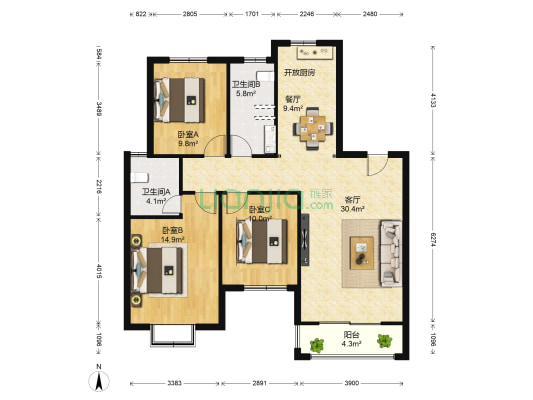 天明城 3室2厅2卫 117平方