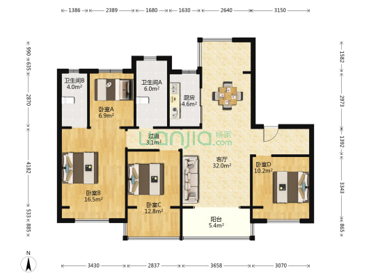碧桂园中梁凤朝鸣庭 4室1厅2卫 121平方