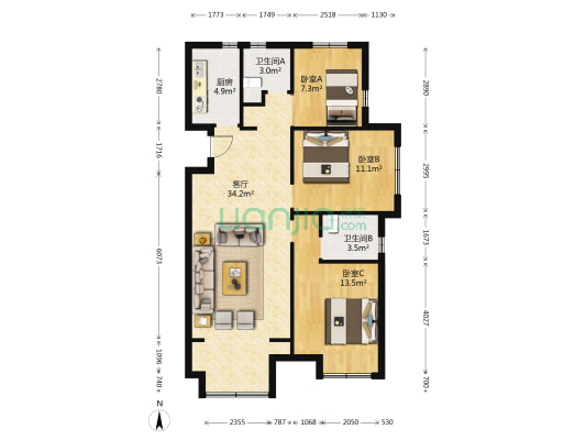 吾悦和府D区 3室1厅2卫 114平方