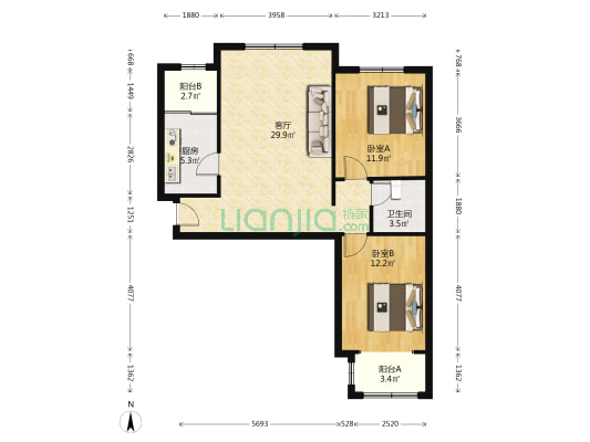 钻石广场小区，精装未住大两居，楼层好出行方便-户型图