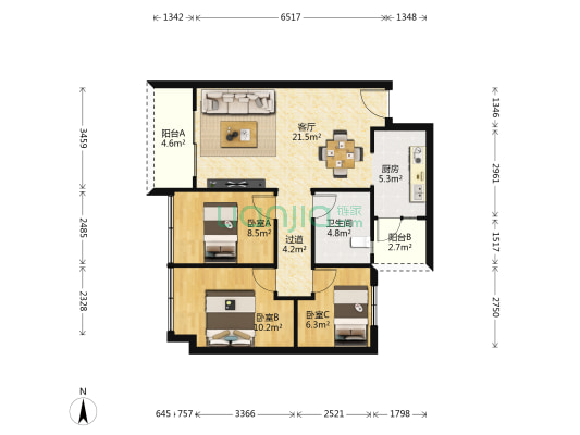 金雁铭座 3室1厅1卫 90平方