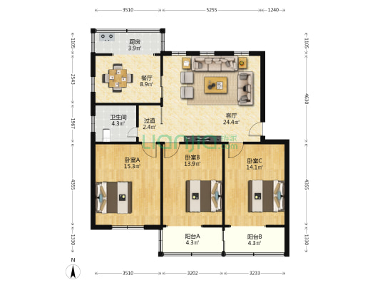 怡园小区 3室2厅1卫 113平方