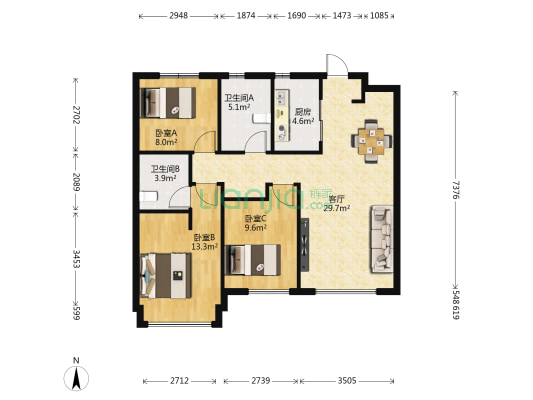 龙湖天璞 3室1厅2卫 96平方