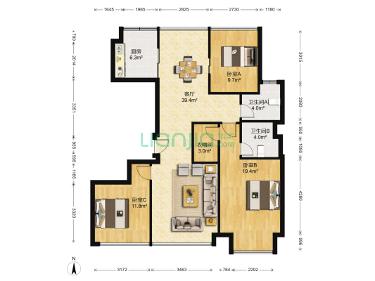 绿城明园秋月苑 3室1厅2卫 120平方