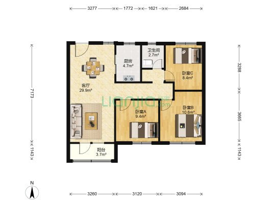 中海悦公馆 3室1厅1卫 100平方