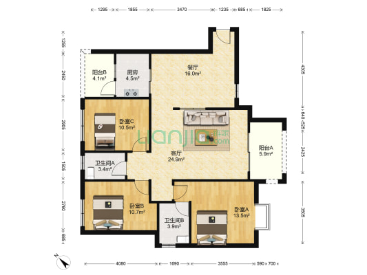 万隆新城 3室2厅2卫 135平方